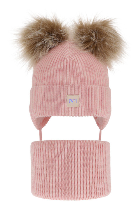 Set invernale bambina: berretto e scaldacollo, rosa, con due pon pon, con lacci, Kiara