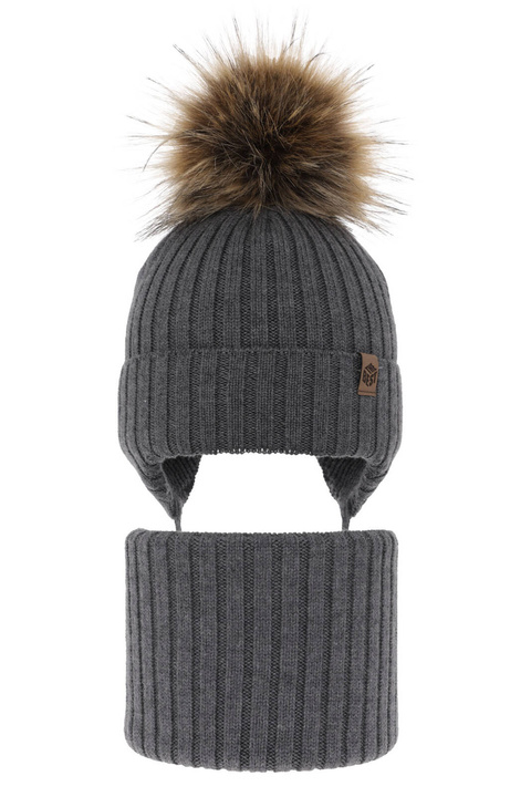 Set invernale bambino: berretto e scaldacollo, grigio, 100% Lana Merino, con lacci, Juno