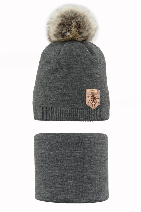 Set invernale bambino: berretto e scaldacollo, grigio scuro, con pompon, Apolin