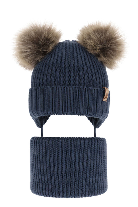 Set invernale bambino: berretto e scaldacollo, blu scuro, 100% Lana Merino, con lacci, Konor