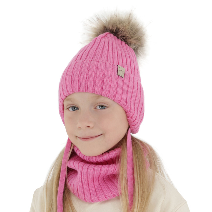 Set invernale bambina: berretto e scaldacollo, rosa, 100% Lana Merino, con lacci, Junika