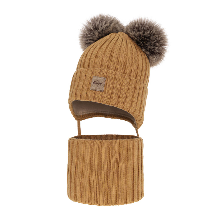 Set invernale bambino: berretto e scaldacollo, camel, con due pon pon, con lacci, Orange
