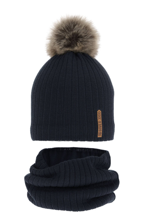 Set invernale bambino: berretto e scaldacollo, blu scuro, con pompon, Kalen