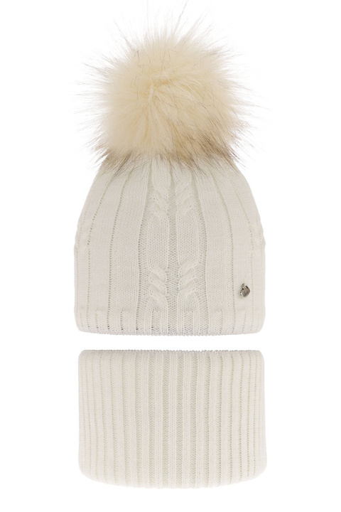 Set invernale bambina: berretto e scaldacollo, crema, con pompon, Amaltea