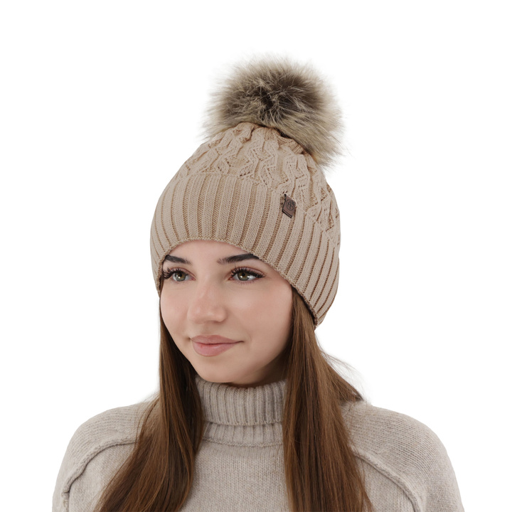 Berretto invernale donna, beige, con pompon, Katty