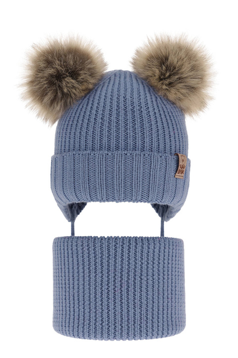 Set invernale bambino: berretto e scaldacollo, blu, con lacci, 100% Lana Merino, Konor