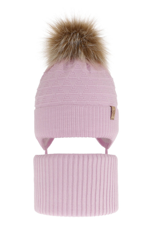 Set invernale bambina: berretto e scaldacollo, lilla, con pompon, con lacci, Egeria