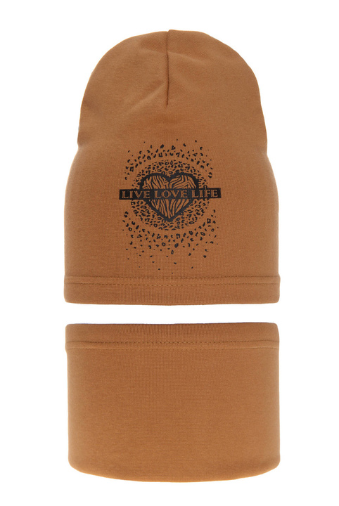 Set autunno/primavera bambina: berretto e scaldacollo, cotone, camel, Esmeralda