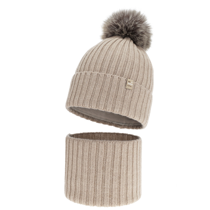 Set invernale bambina: berretto e scaldacollo, beige, 100% Lana Merino, foderato in cotone, con pompon, Terida