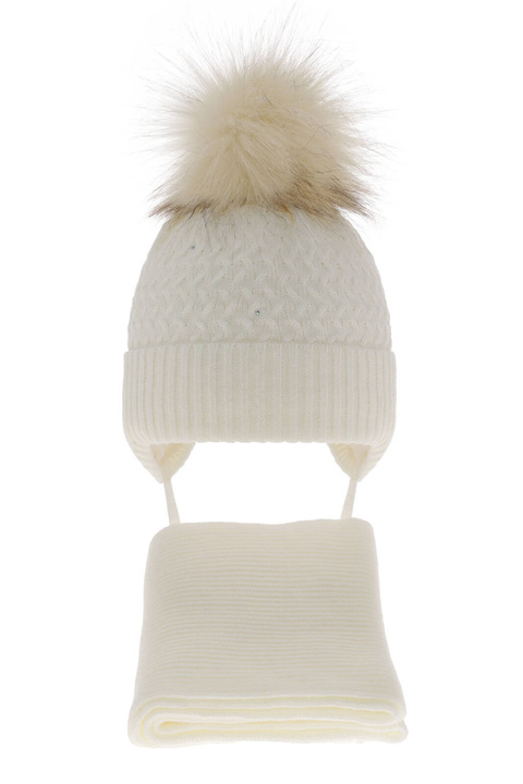 Set invernale bambina: berretto e sciarpa, crema, con pompon, con lacci, Zelta