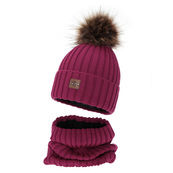 Set invernale bambina: berretto e scaldacollo, amaranto, foderato in pile, 100% Lana Merino, Bellina