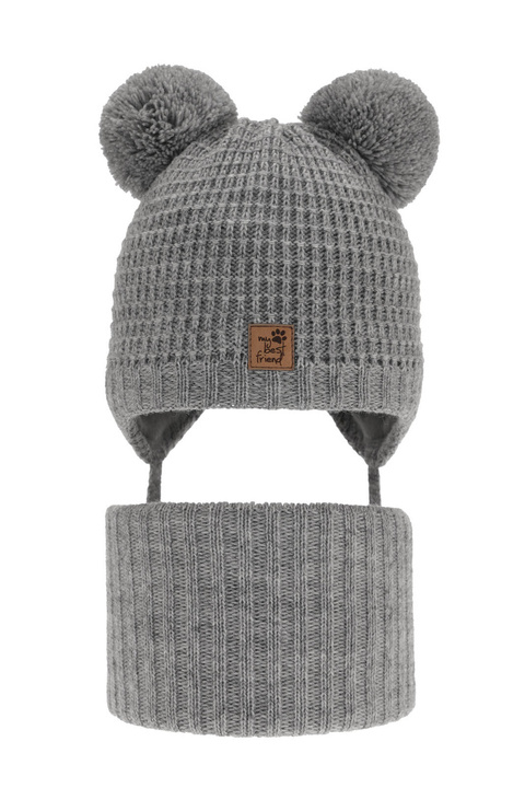 Set invernale bambino: berretto e scaldacollo, grigio, con due pon pon, con lacci, Krispi