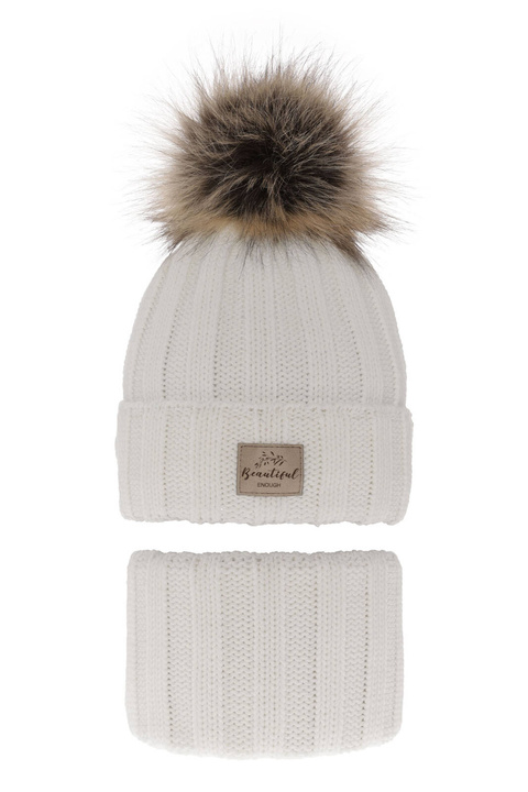 Set invernale bambina: berretto e scaldacollo, bianco, con pompon, Kaliope