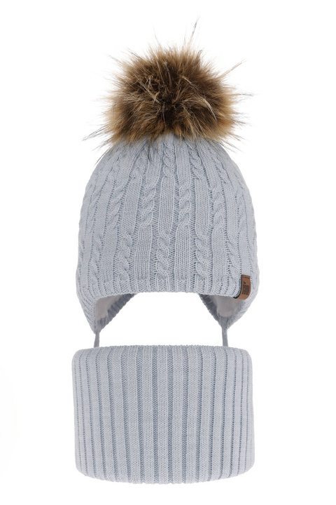 Set invernale bambino: berretto e scaldacollo, azzurro, con pompon, con lacci, Indigo