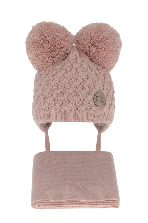 Set invernale bambina: berretto e sciarpa, rosa, con due pon pon, con lacci, Anava