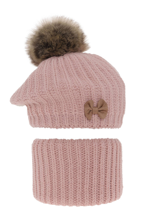 Set invernale bambina: berretto e scaldacollo, rosa, con pompon, Polinezja