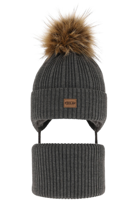 Set invernale bambino: berretto e scaldacollo, grigio, con pompon, Eger