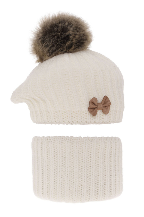 Set invernale bambina: berretto e scaldacollo, crema, con pompon, Polinezja