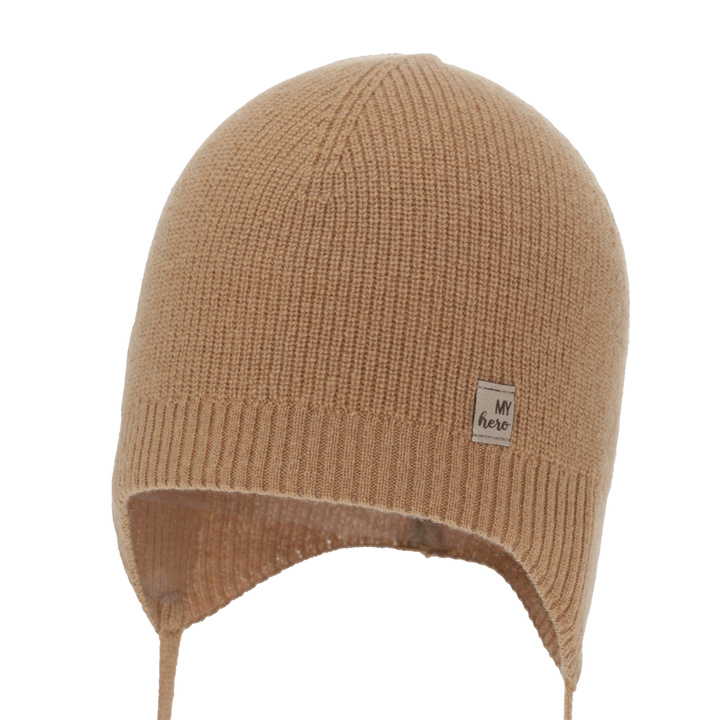 Berretto autunno/primavera bambino, camel, lana merino con cashmere, con lacci, Tono