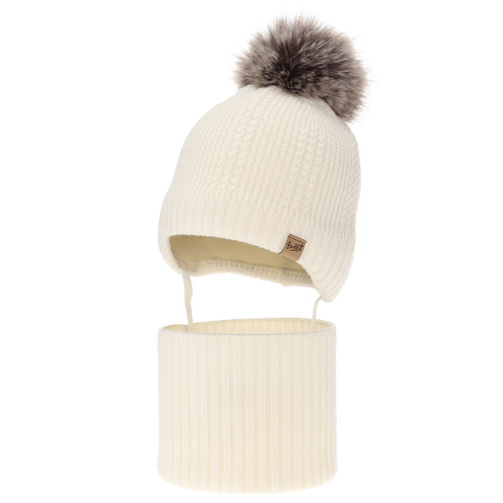 Set cappello e scaldacollo bambino, invernale, crema, 100% lana merino, foderato pile di lana, con lacci Danny