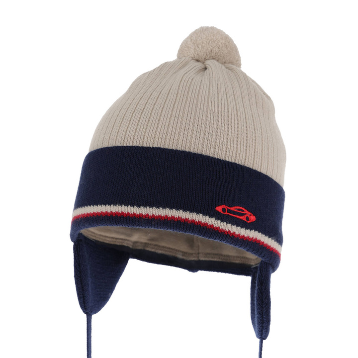 Berretto autunno/primavera bambino, beige, con pompon, con lacci, Jacob