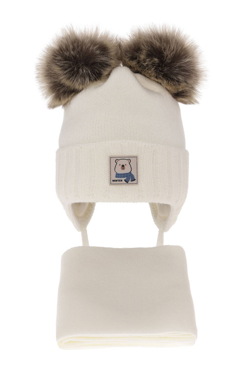 Set invernale bambino: berretto e sciarpa, crema, con due pon pon, con lacci, Jewel