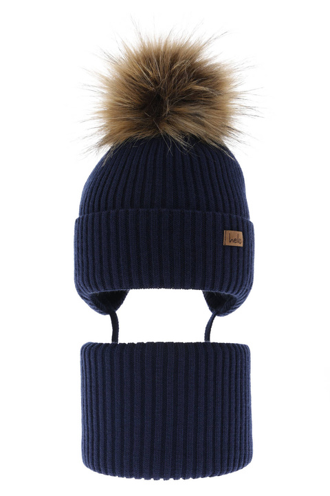 Set invernale bambino: berretto e scaldacollo, blu scuro, con pompon, Bergo