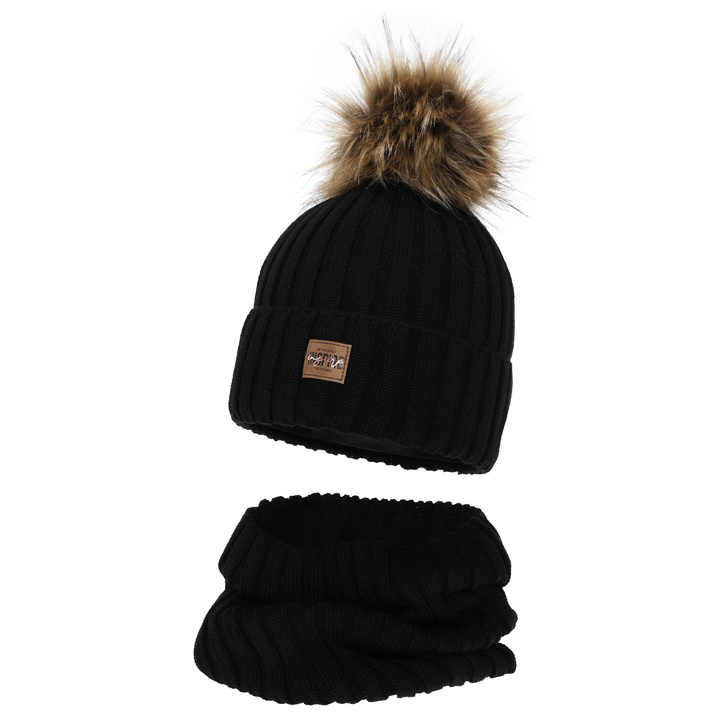 Set invernale bambina (berretto e scaldacollo), nero, foderato in pile, con lana merino, Bellina