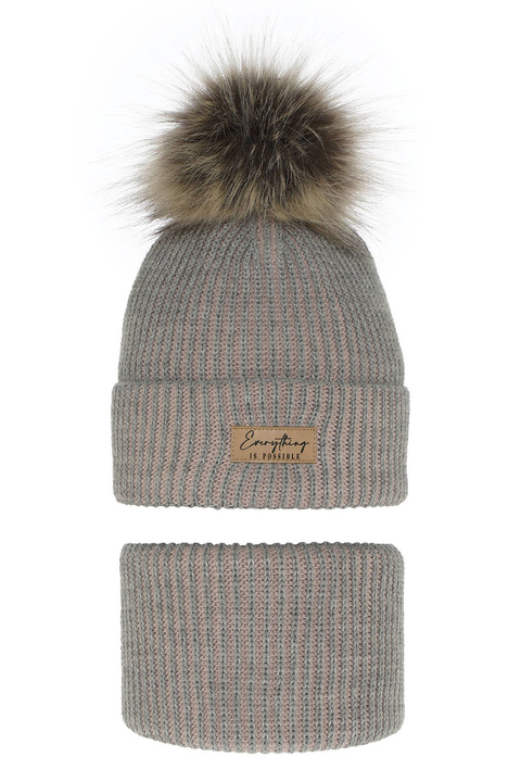 Set invernale bambina: berretto e scaldacollo, grigio, con pompon, Floryda